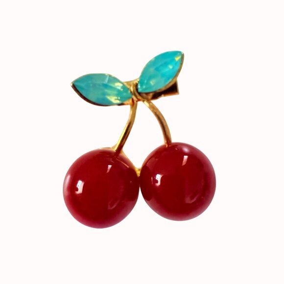 Red Enamel Cherry Brooch Pin Green Acrylic Gem Gold Tone Metal - Picture 3 of 14